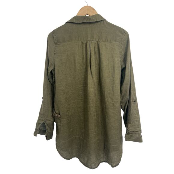 For Cynthia Olive Green 100% Linen Beach Shirt Small Ruffle Pocket Swim Cover - Picture 2 of 5
